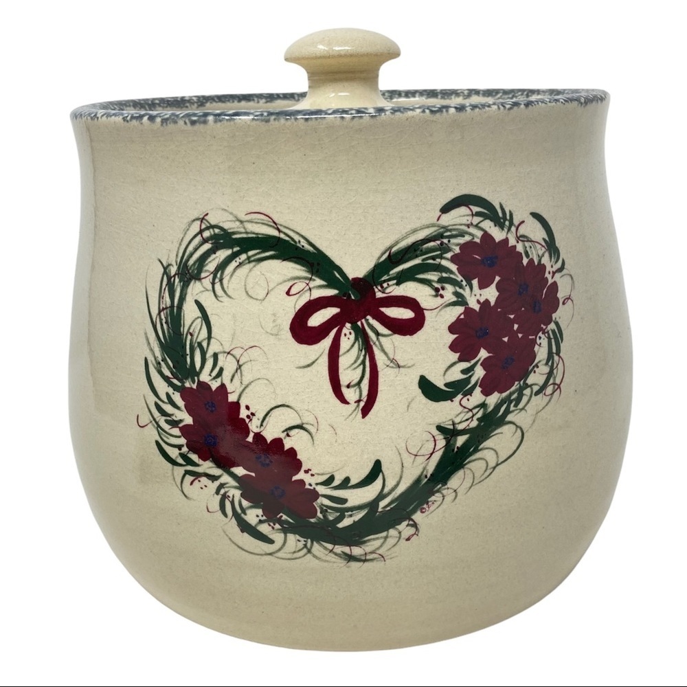 Casey Pottery Burgundy Floral Heart Design Large Canister Vintage 1990s Handmade